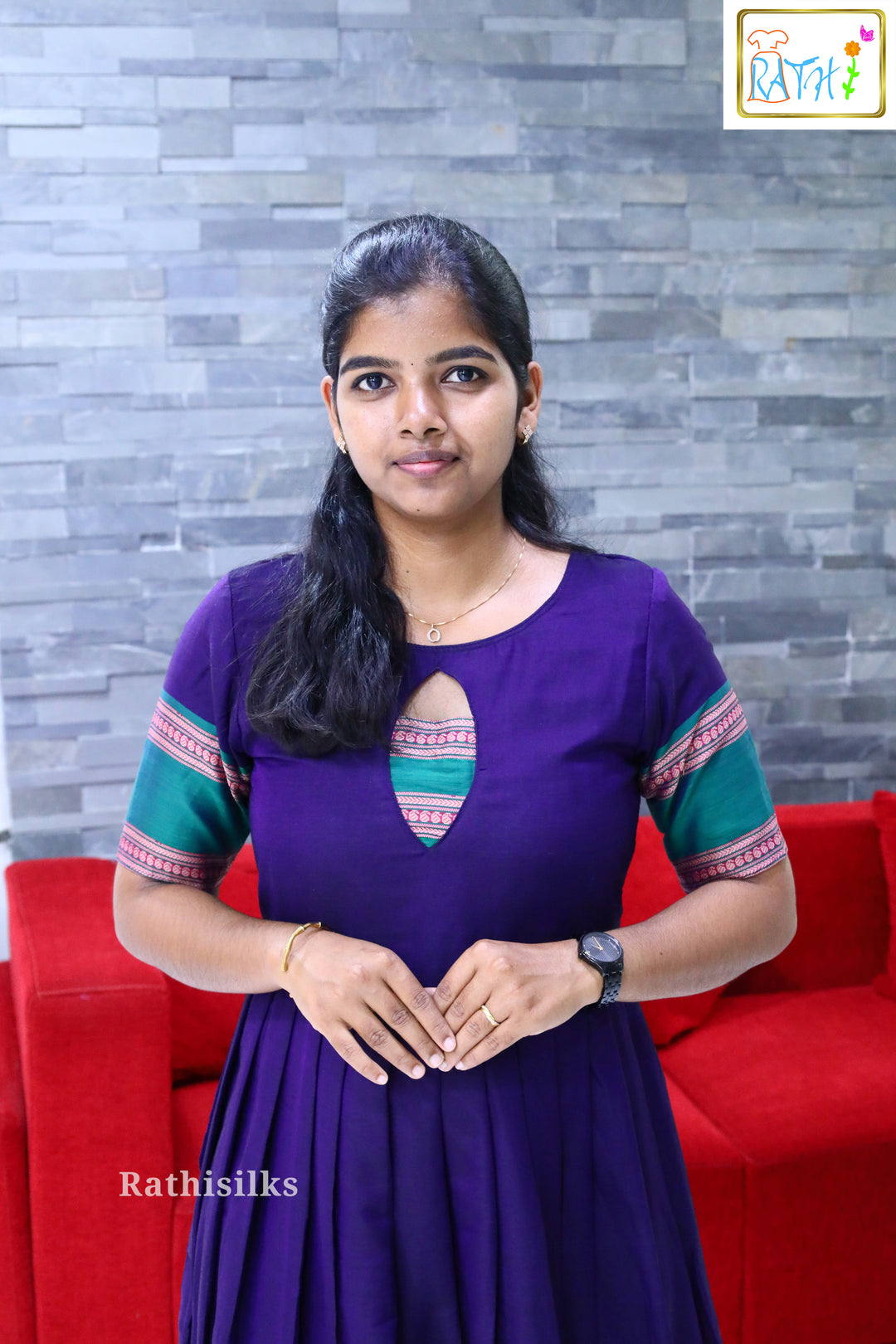 Elegant Navy Blue Cotton Long Gown