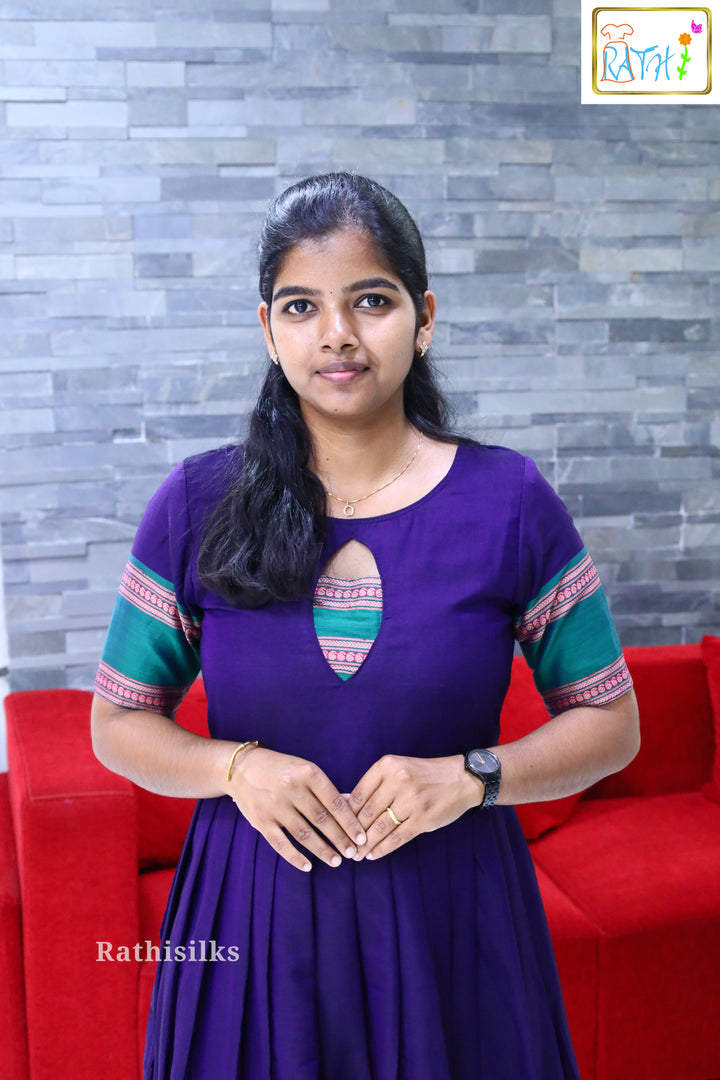 Elegant Navy Blue Cotton Long Gown