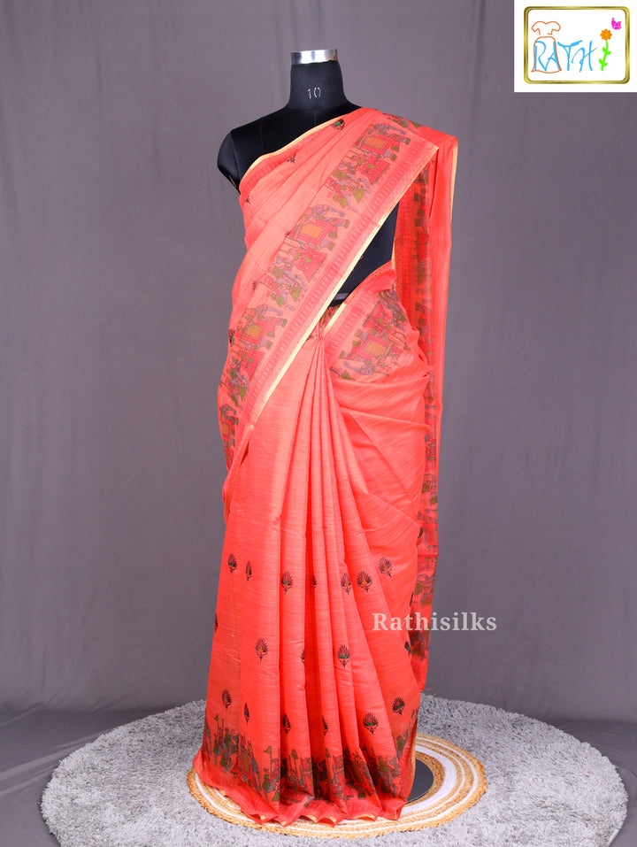 Fancy Coral Red Synthetic Saree
