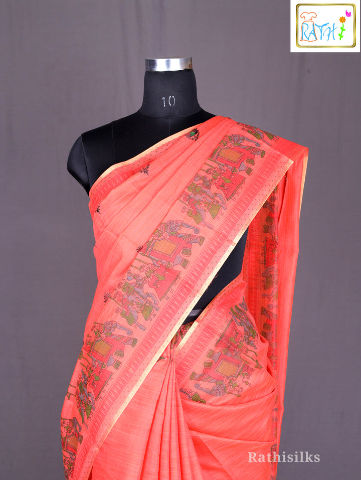 Fancy Coral Red Synthetic Saree