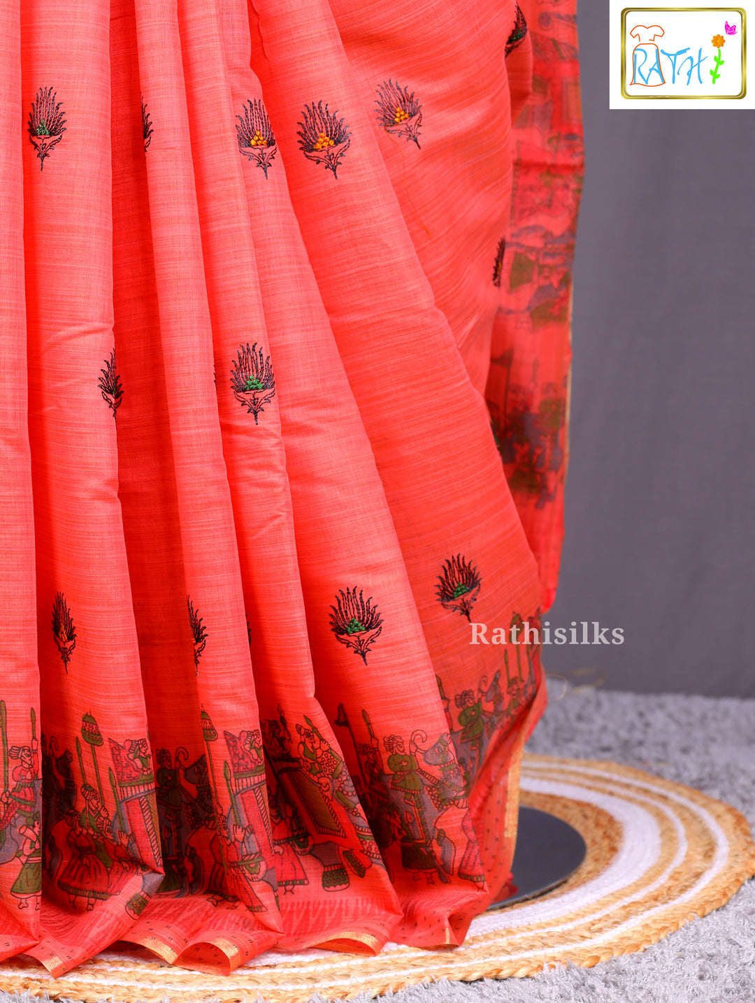 Fancy Coral Red Synthetic Saree