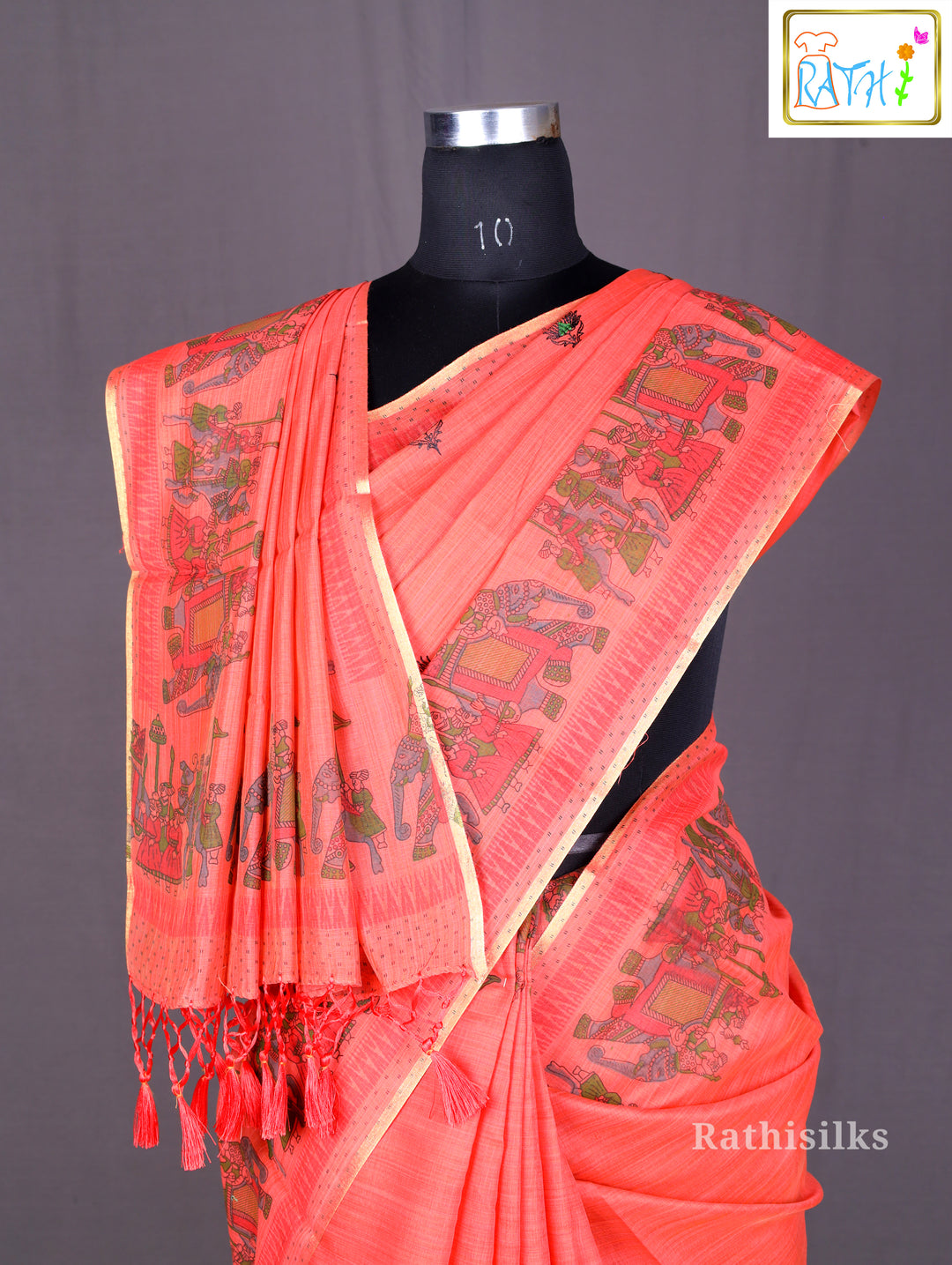 Fancy Coral Red Synthetic Saree