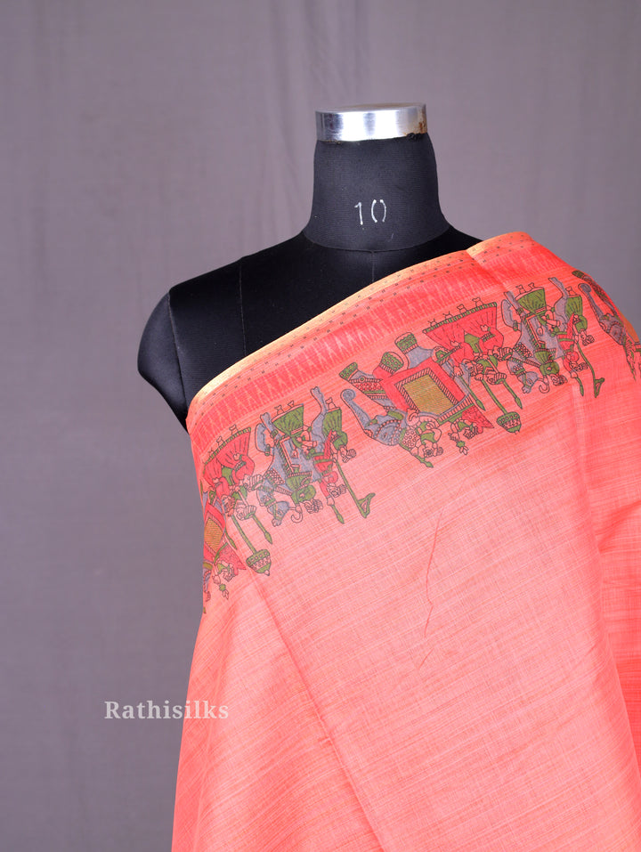 Fancy Coral Red Synthetic Saree