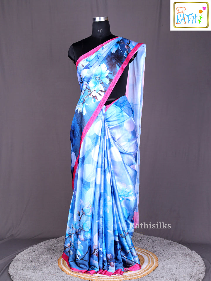 Vibrant Blue Digital Floral Print Saree