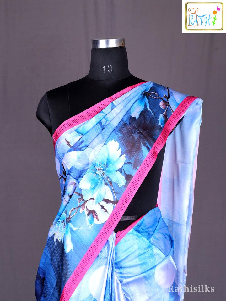 Vibrant Blue Digital Floral Print Saree