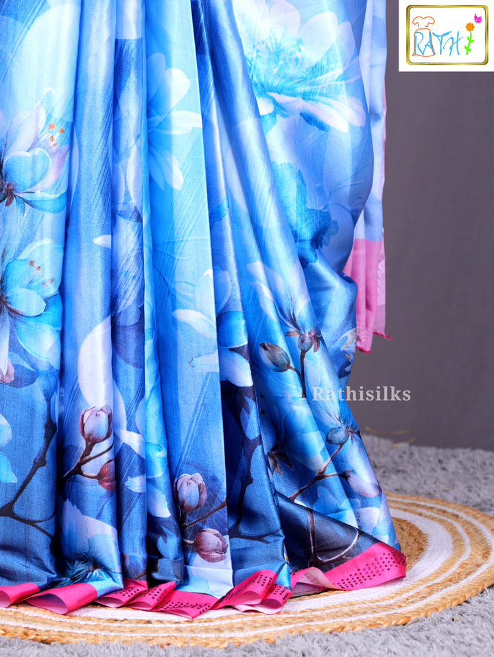 Vibrant Blue Digital Floral Print Saree