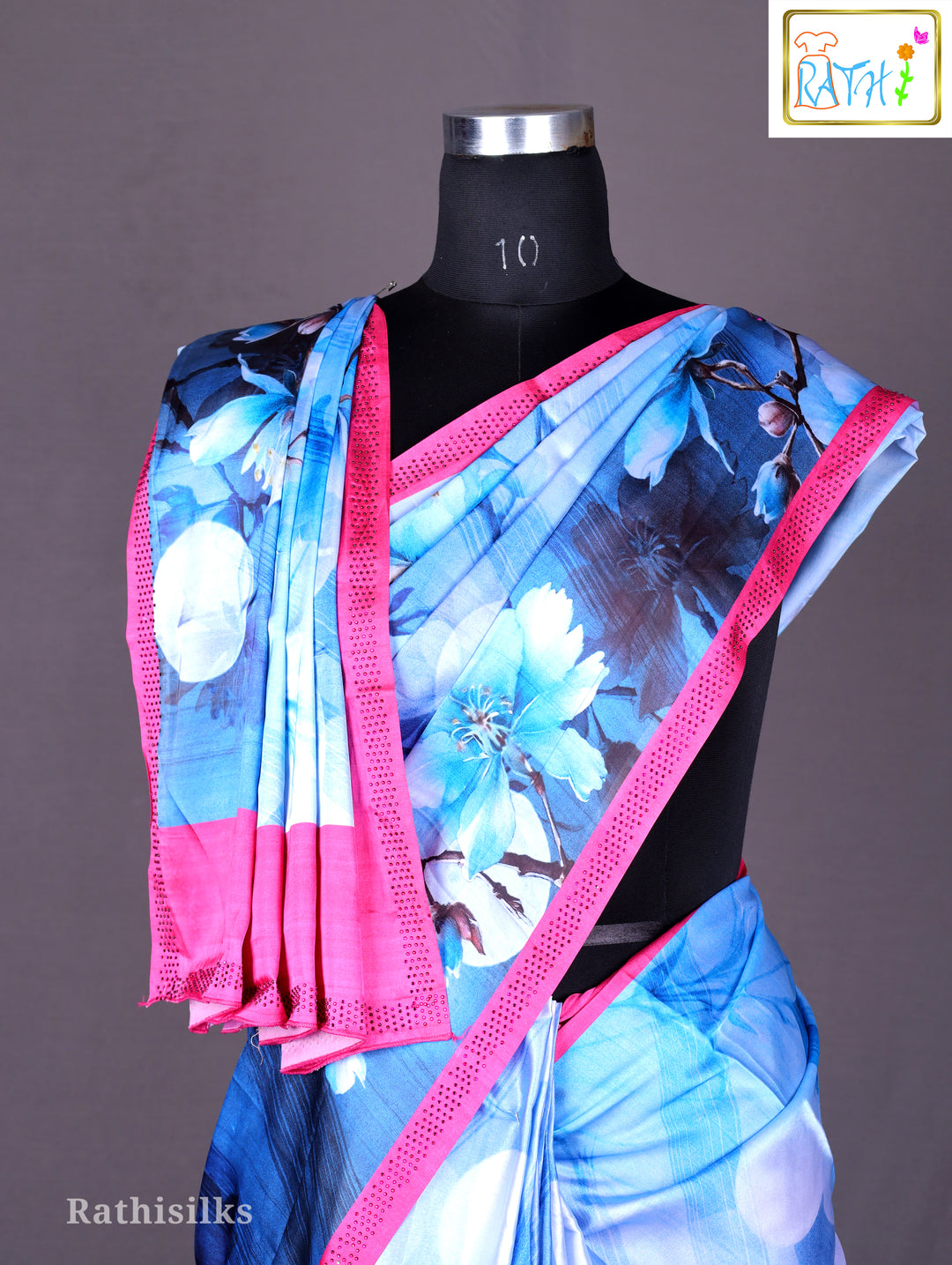 Vibrant Blue Digital Floral Print Saree