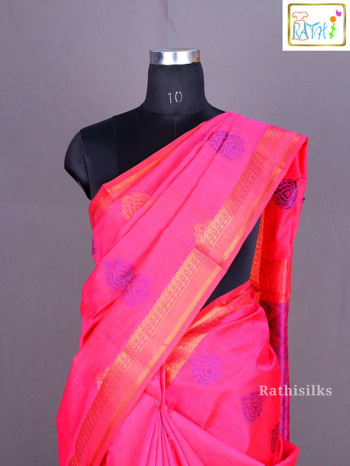 Bright Pink Synthetic Saree