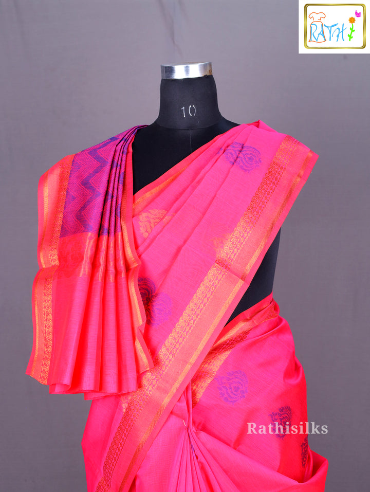 Bright Pink Synthetic Saree