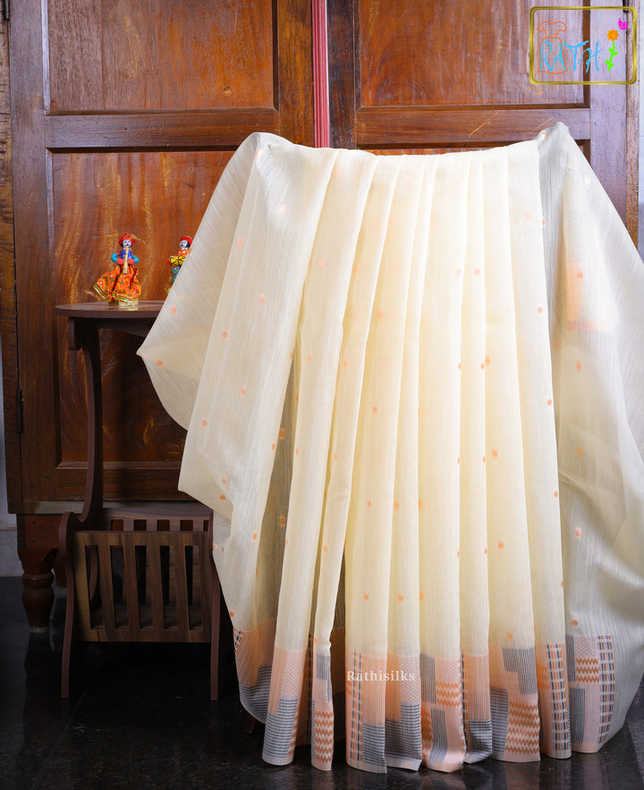 Pastel Cream & Peach Woven Border Synthetic Organza Saree