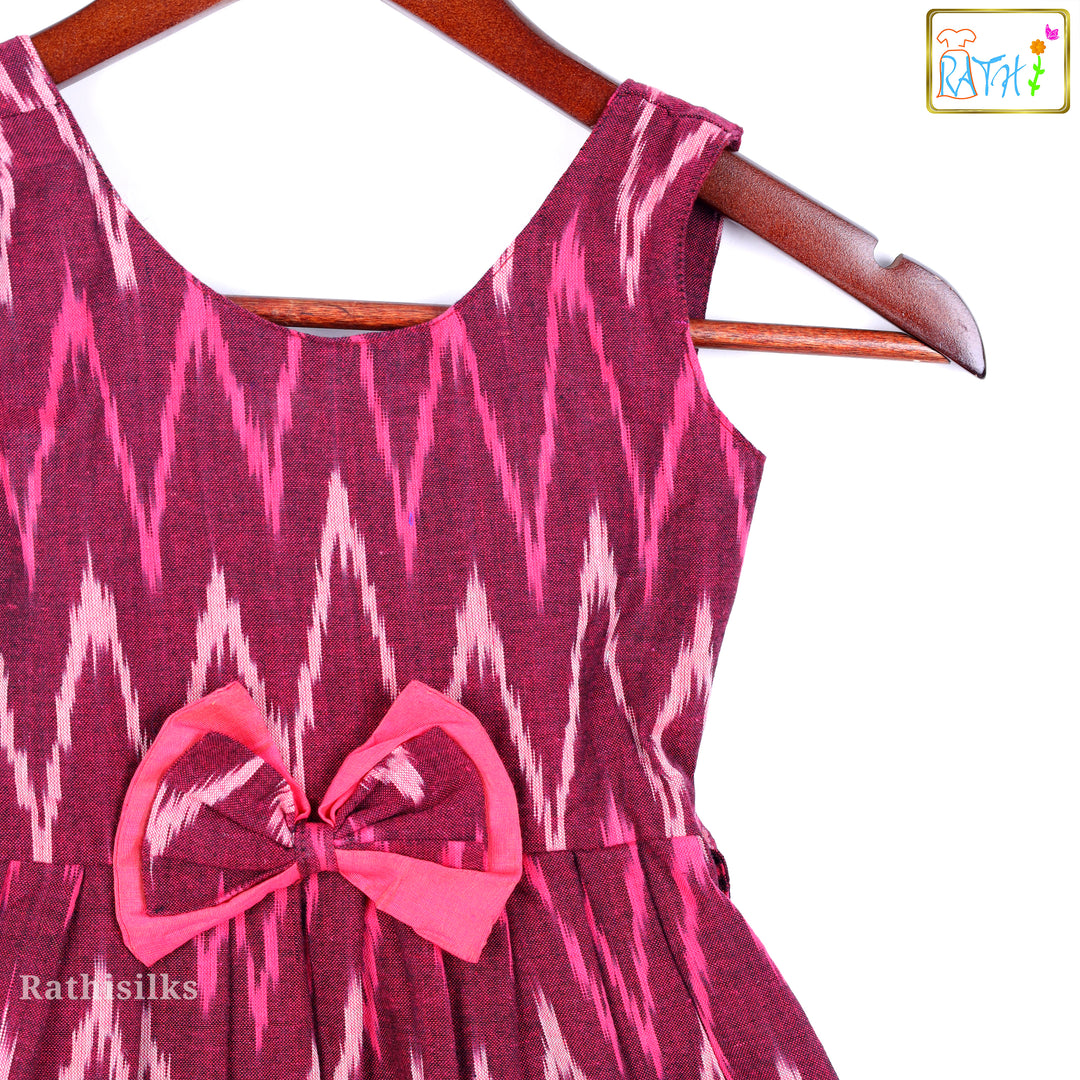 Maroon and Pink Woven Ikat Short Frock