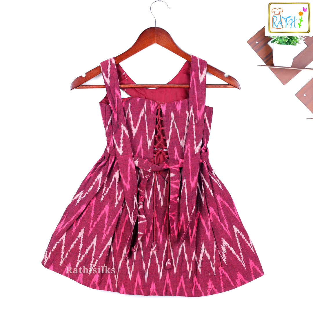 Maroon and Pink Woven Ikat Short Frock