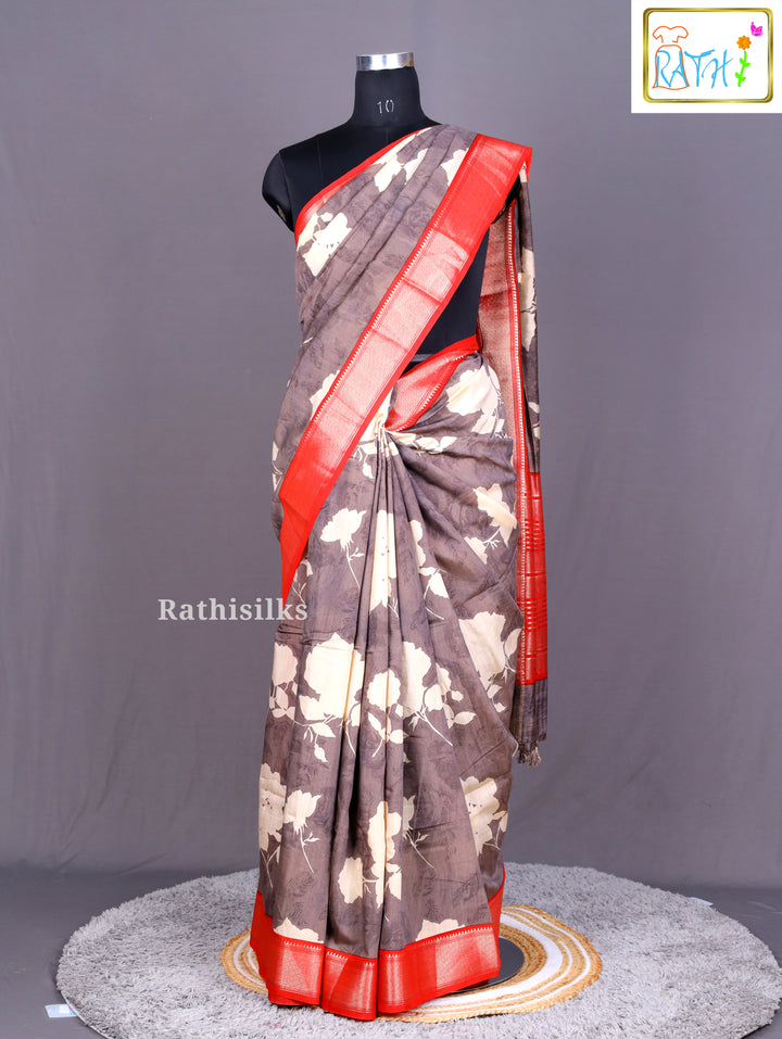 Grey Floral Print Synthetic Saree