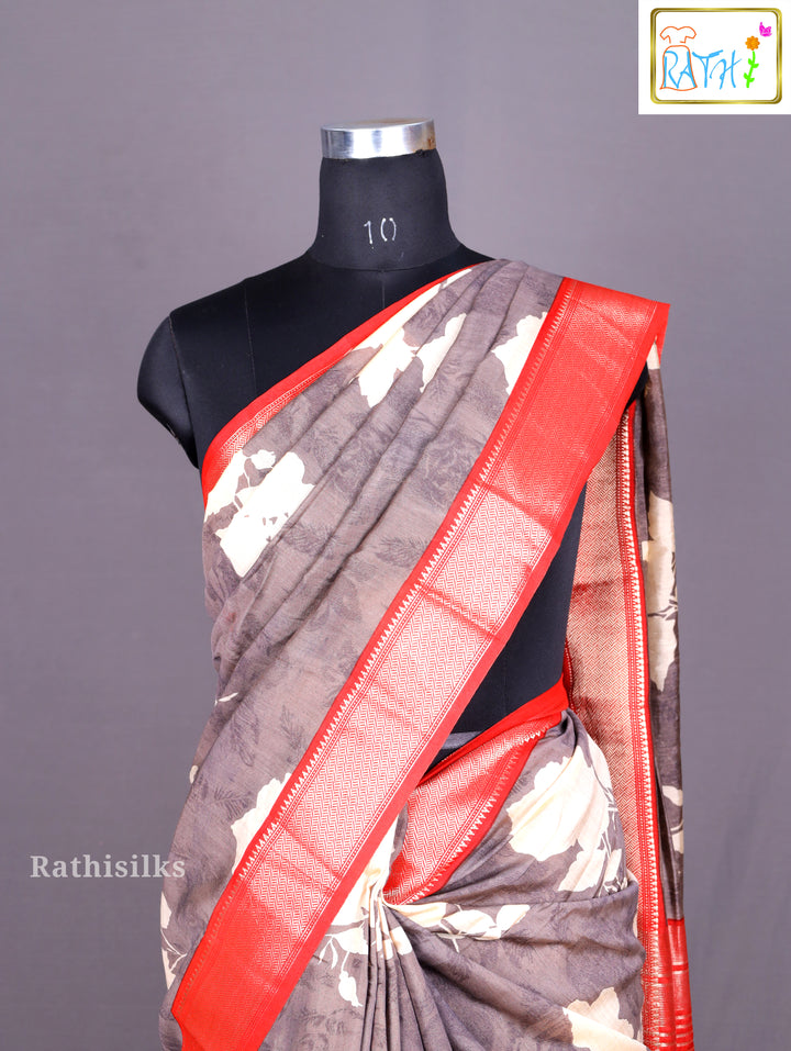 Grey Floral Print Synthetic Saree
