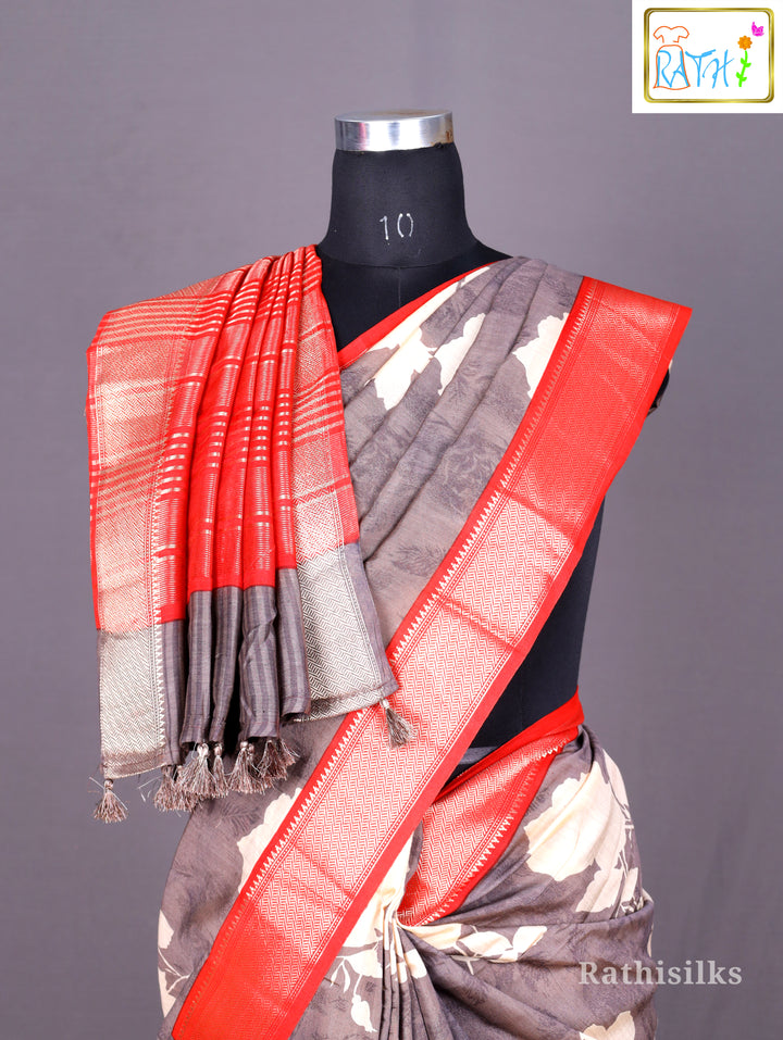 Grey Floral Print Synthetic Saree
