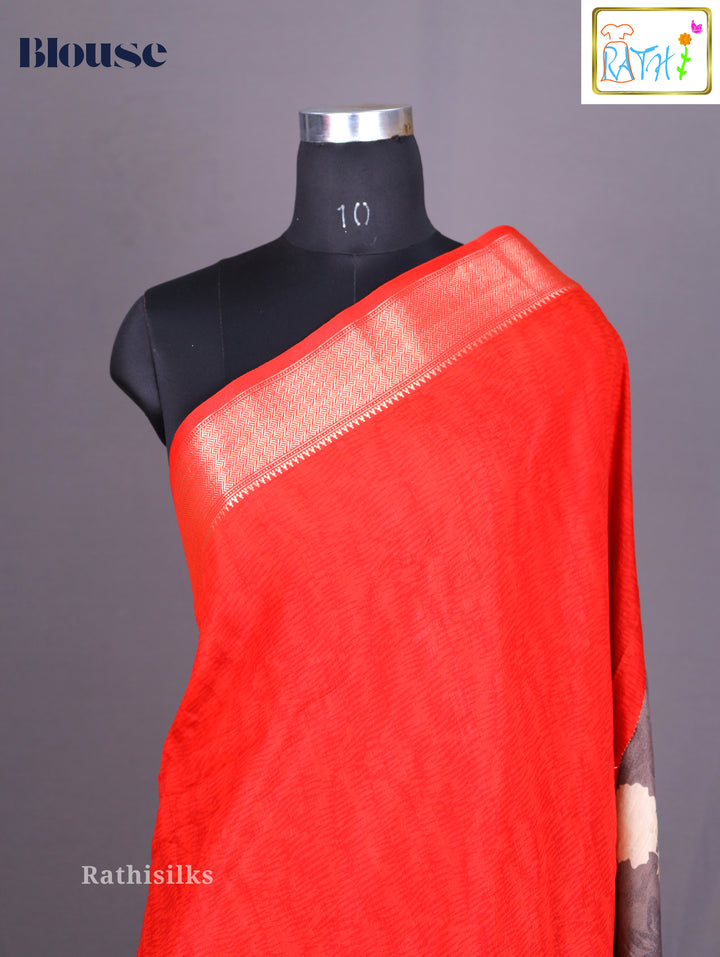 Grey Floral Print Synthetic Saree