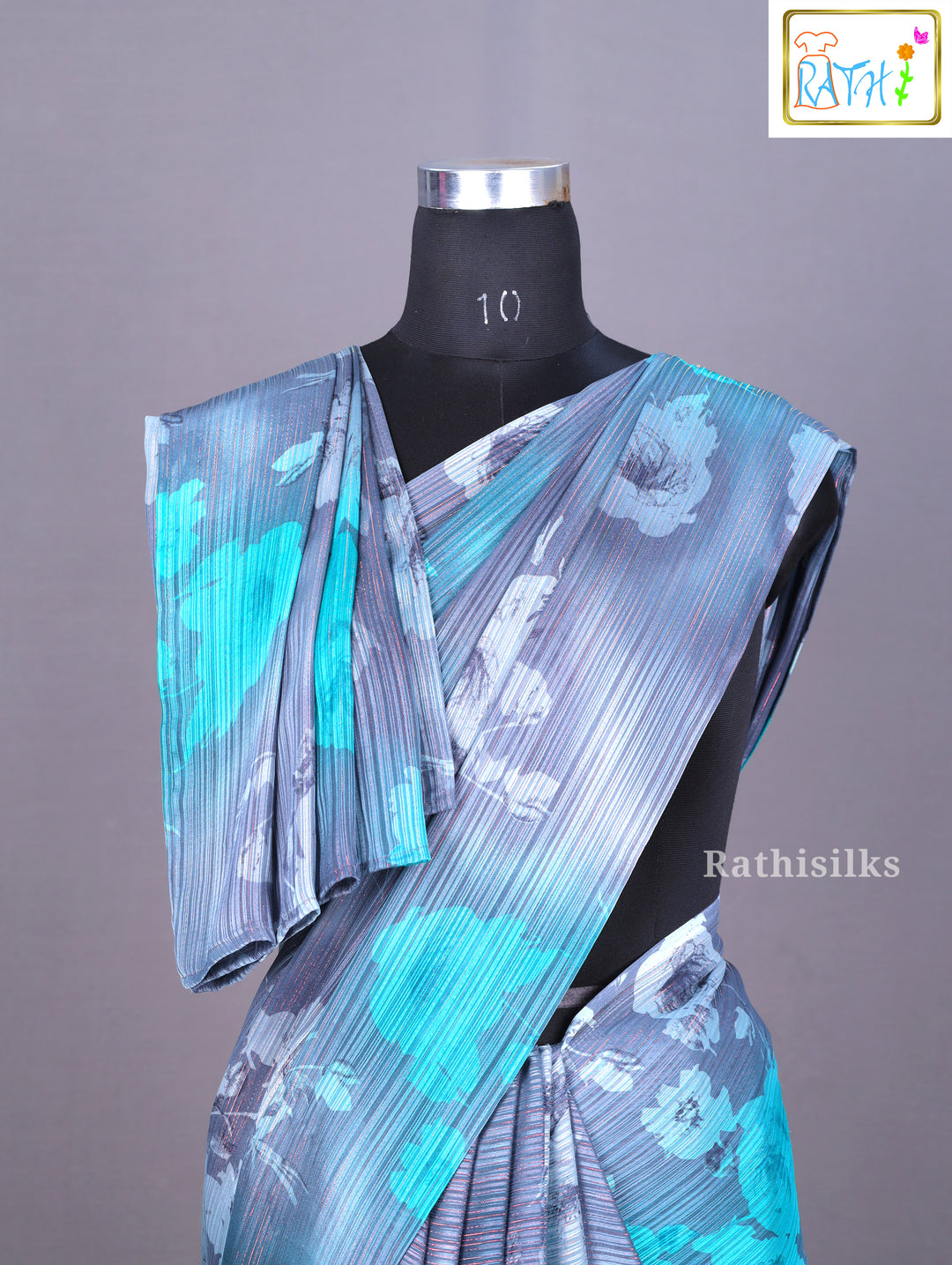 Elegant Grey and Teal Synthetic Saree
