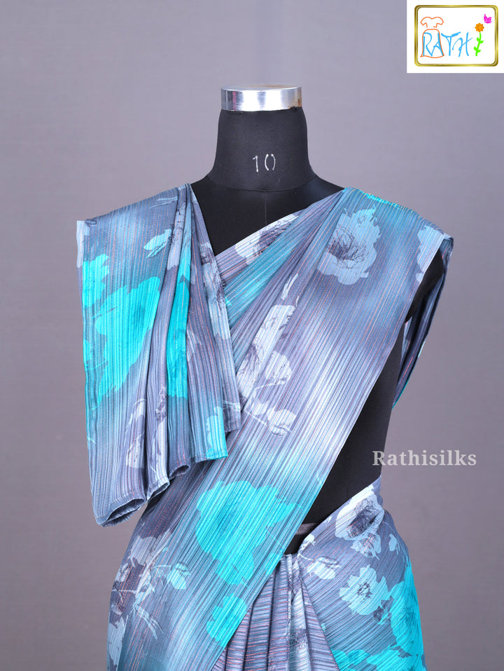 Elegant Grey and Teal Synthetic Saree