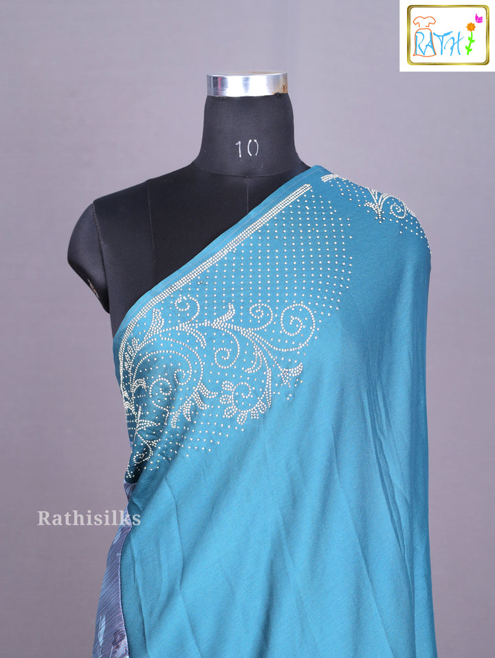 Elegant Grey and Teal Synthetic Saree