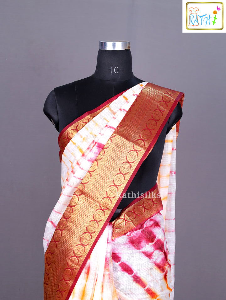 Elegant White and Orange Tie-Dye Synthetic Saree