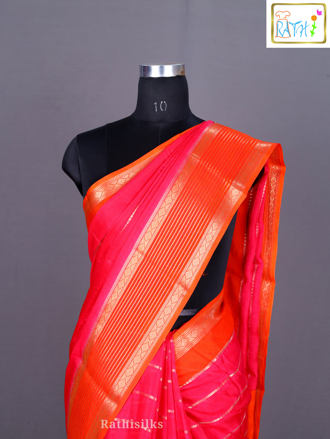 Vibrant Pink and Orange Synthetic Saree