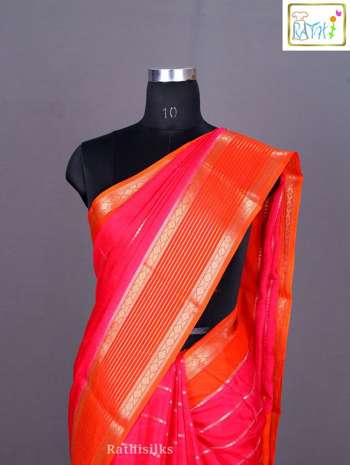 Vibrant Pink and Orange Synthetic Saree