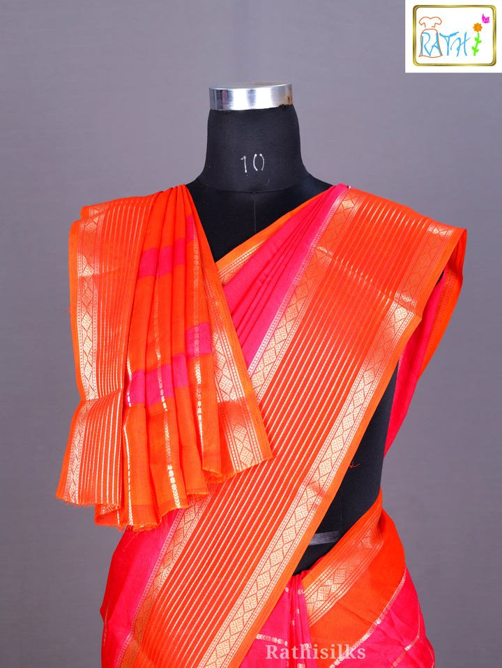 Vibrant Pink and Orange Synthetic Saree