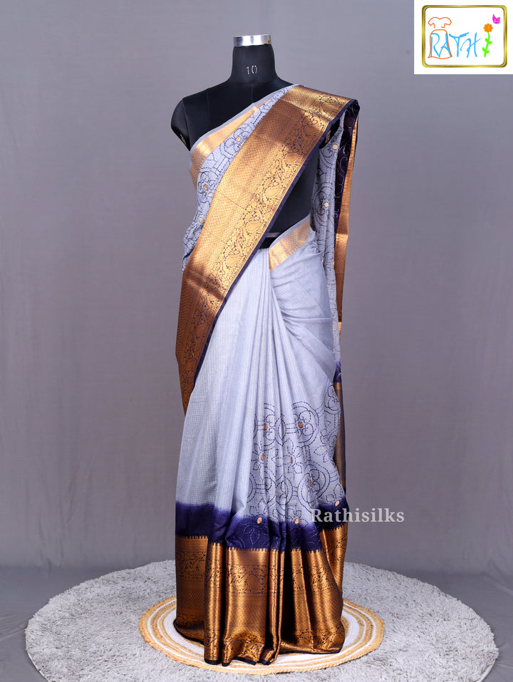 Elegant Grey and Gold Synthetic Saree