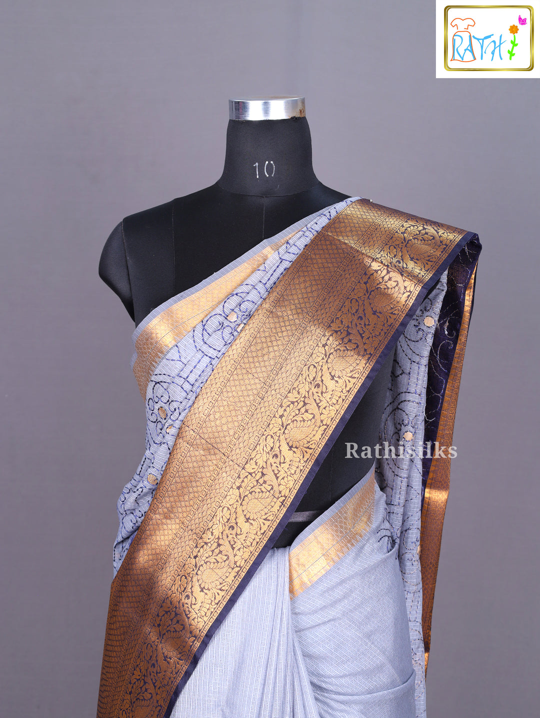 Elegant Grey and Gold Synthetic Saree