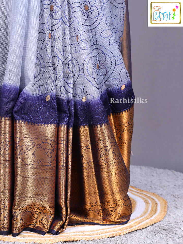 Elegant Grey and Gold Synthetic Saree