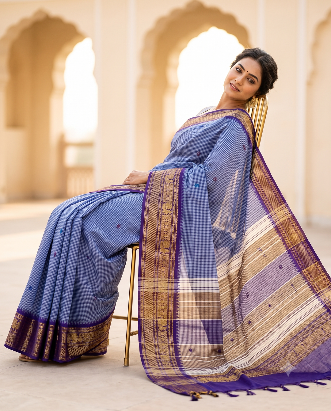 Blue Micro Checked Cotton Saree