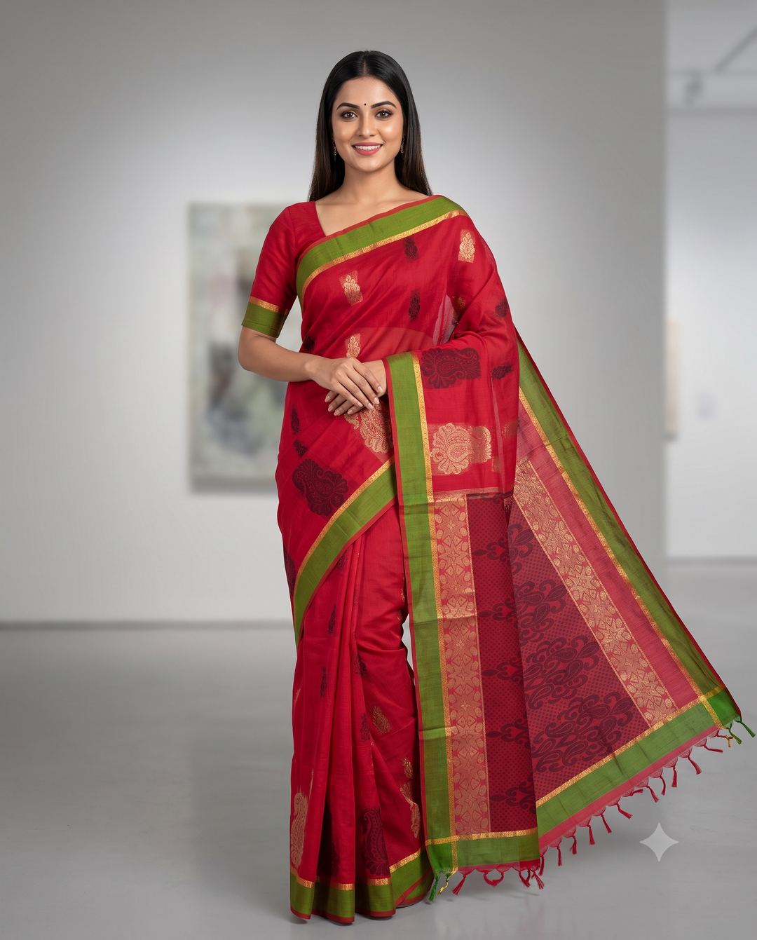 Pink Cotton Saree With Green Border