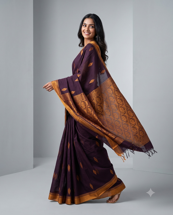 Deep Brown Cotton Saree With Mustard Border