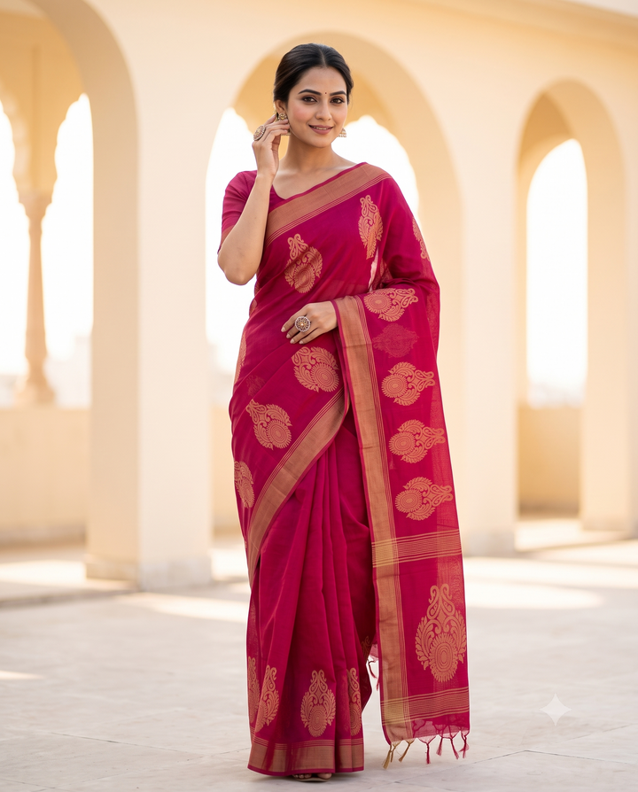 Rani Pink Cotton Saree With Traditional Motif
