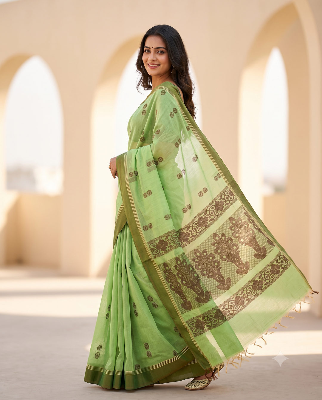 Lime Green Floral Motif Cotton Saree