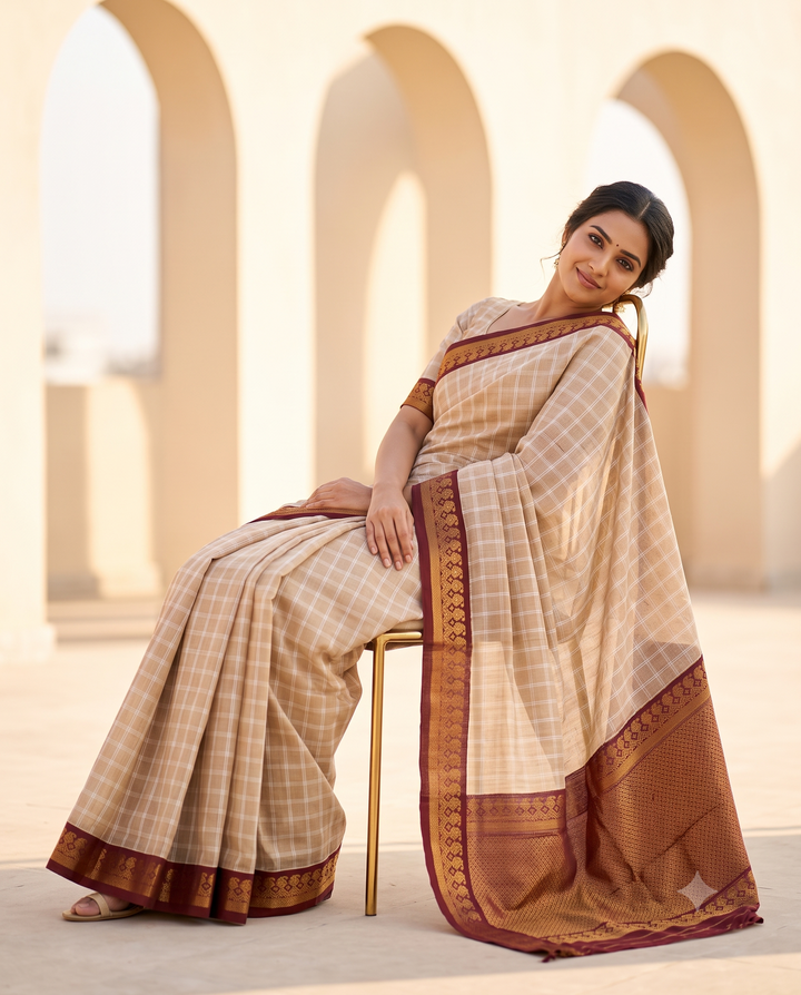 Beige Checked Cotton Saree