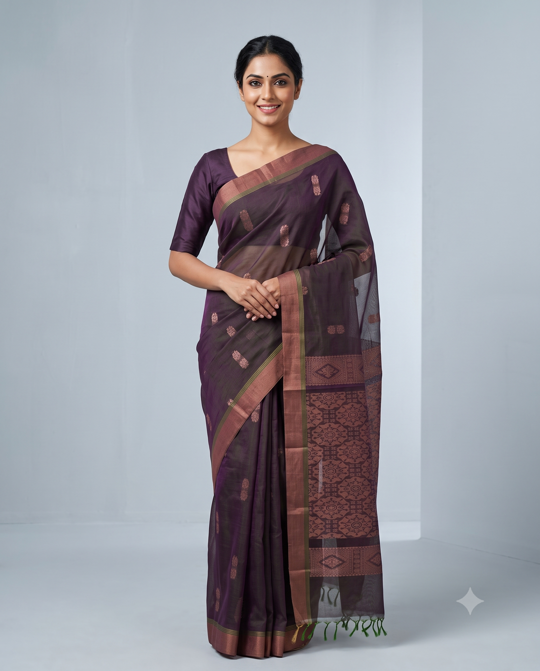 Dual Tone Green Purple Cotton Saree