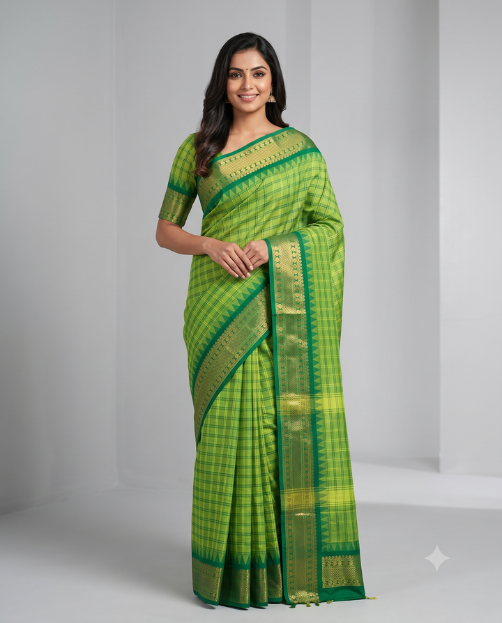 Leaf Green Checked Cotton Saree