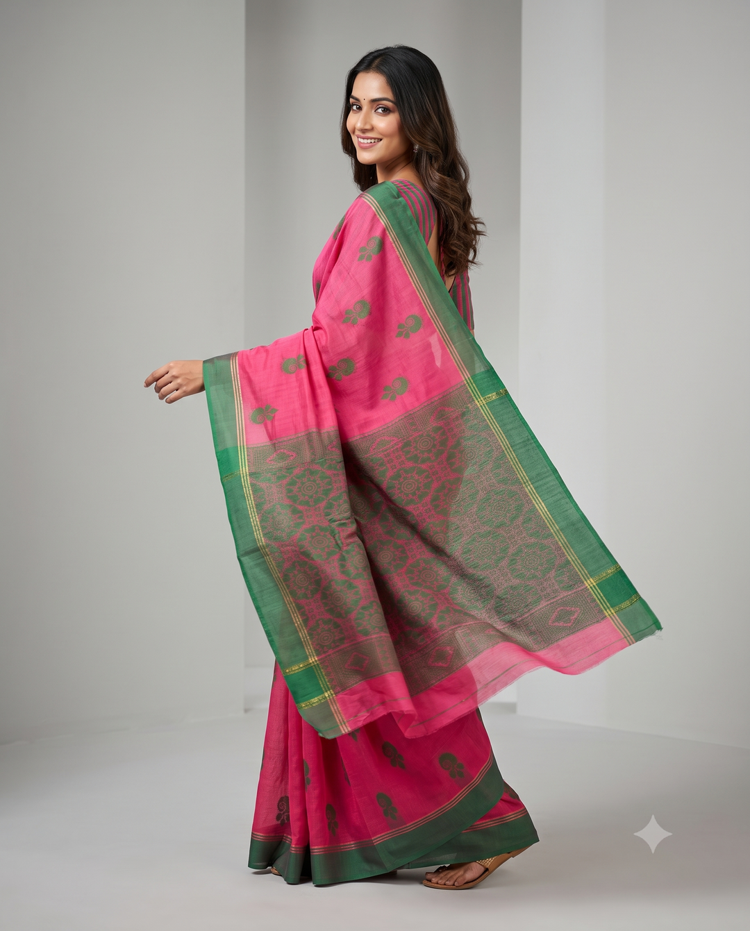 Bright Rose Pink Cotton Saree