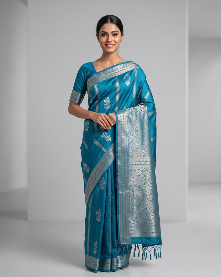 Tarangini - Turquoise Blue Synthetic Art Saree