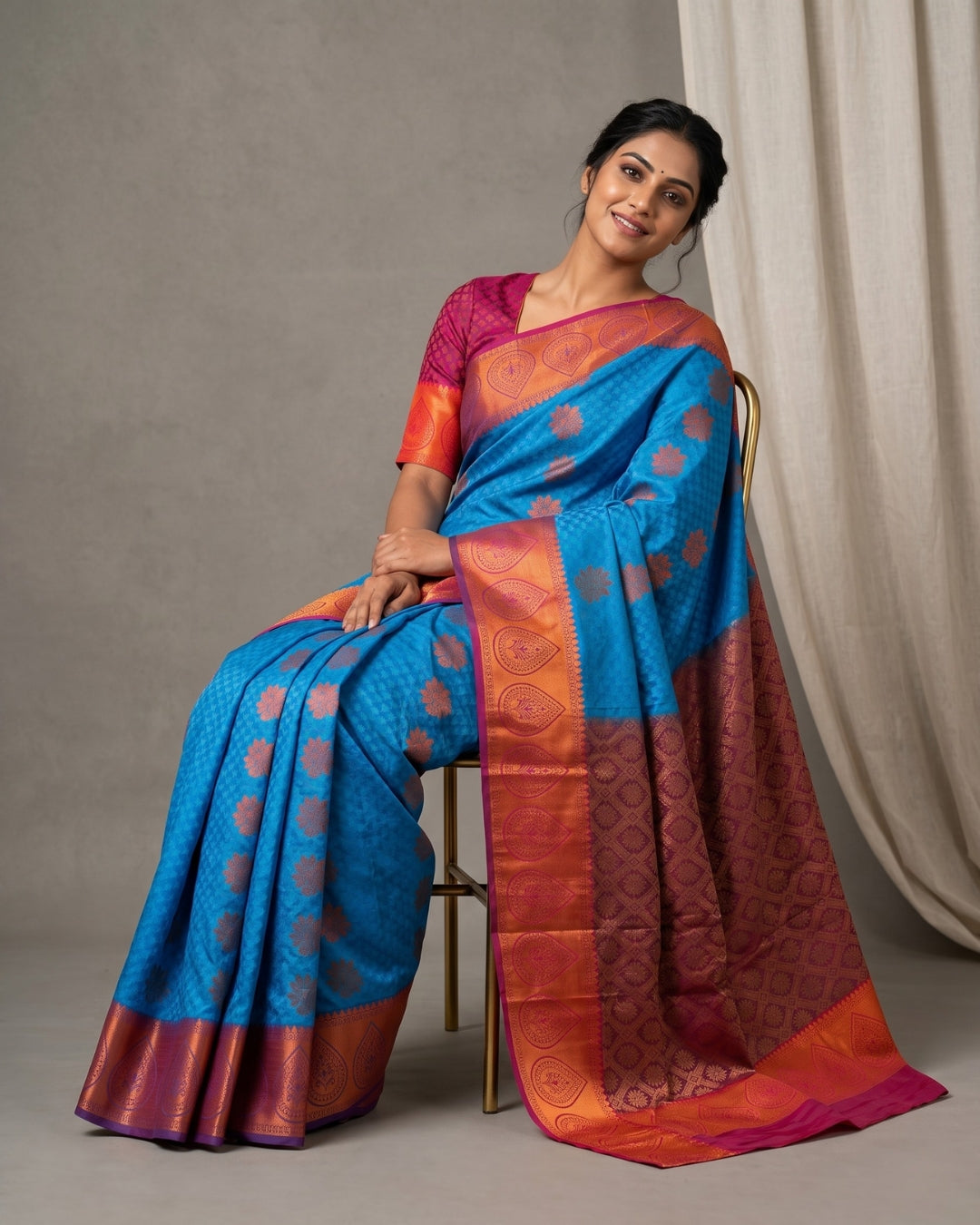 Mehgana - Ocean Blue Tana Art Saree – Antique-gold floral buttas