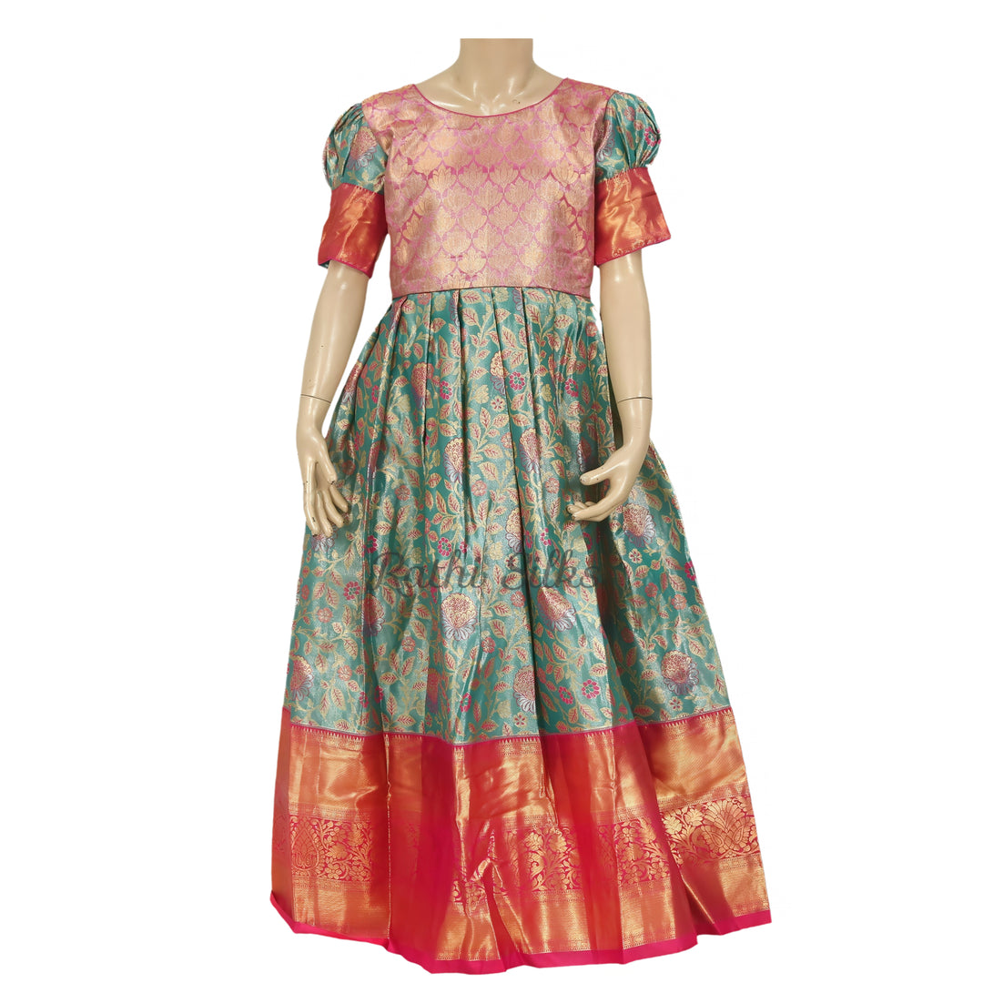 Teal Floral & Pink Art Silk Stitched Saree Dress – Rathi Silks
