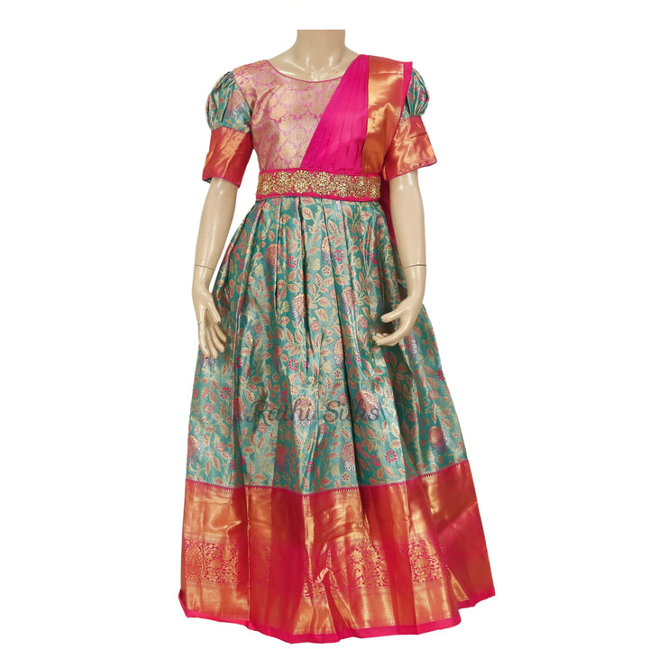 Teal Floral &amp; Pink Art Silk Stitched Saree Dress