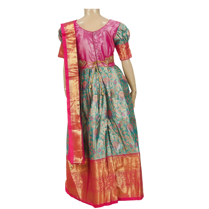 Teal Floral &amp; Pink Art Silk Stitched Saree Dress