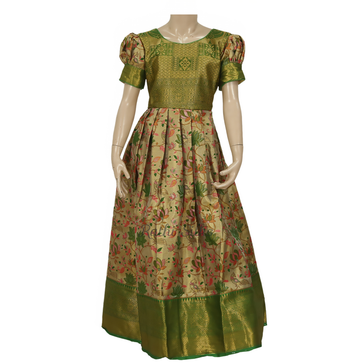Beige Floral &amp; Green Art Silk Stitched Saree Dress