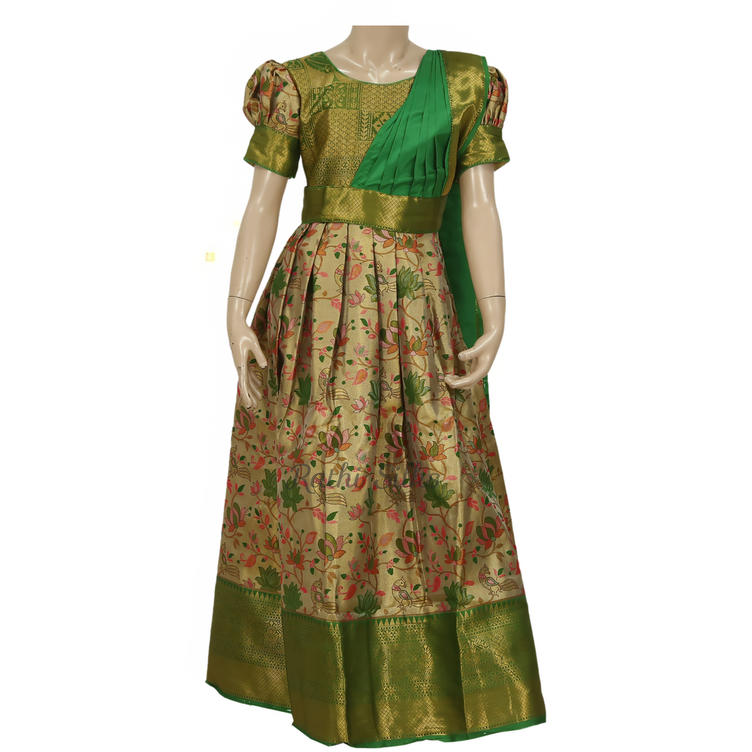 Beige Floral & Green Art Silk Stitched Saree Dress – Rathi Silks