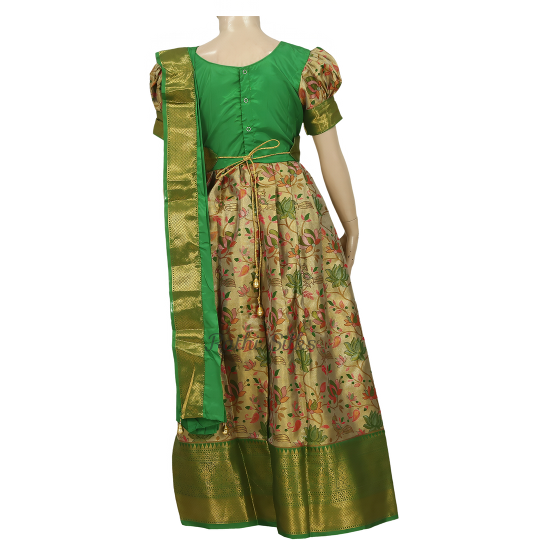 Beige Floral & Green Art Silk Stitched Saree Dress Rathi Silks Beige Floral & Green Art Silk Stitched Saree Dress Rathi Silks
