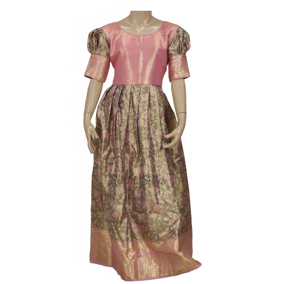 Olive Floral &amp; Pink Art Silk Stitched Saree Dress
