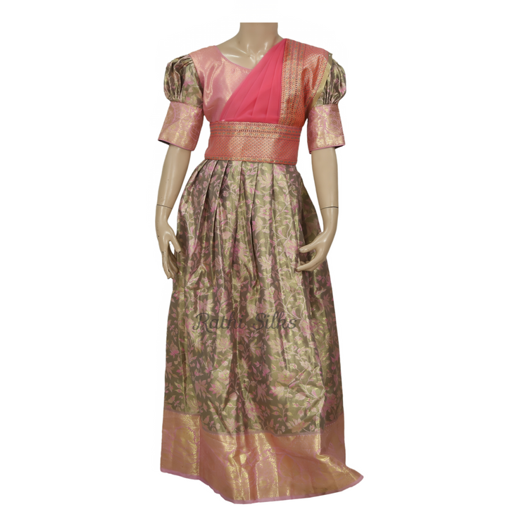 Olive Floral &amp; Pink Art Silk Stitched Saree Dress