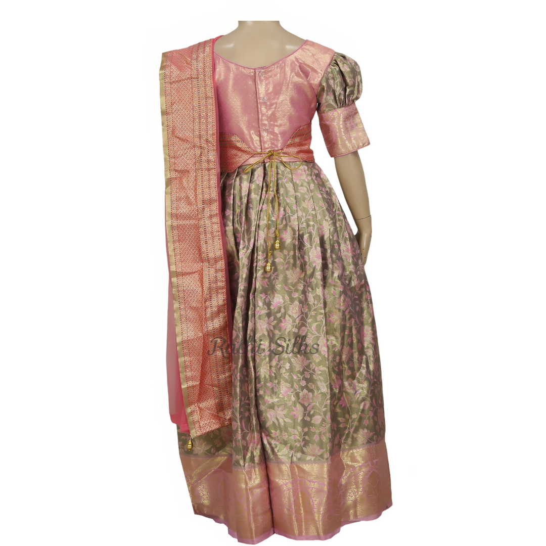 Olive Floral &amp; Pink Art Silk Stitched Saree Dress